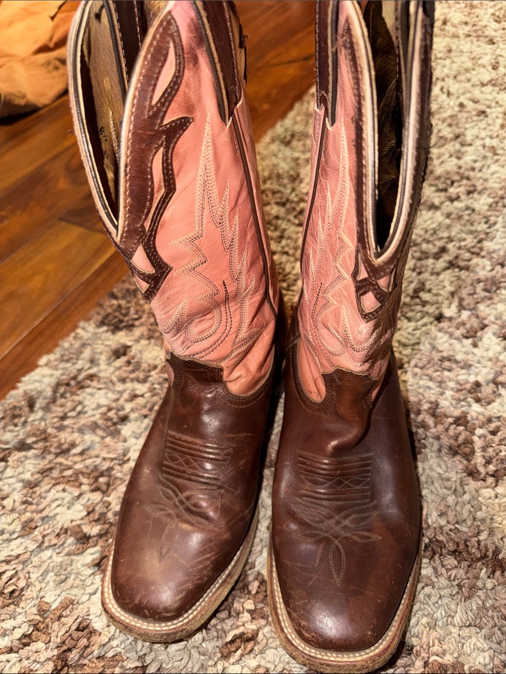 Women's Brown Leather Cowboy Boots with Pink Shaft Accent